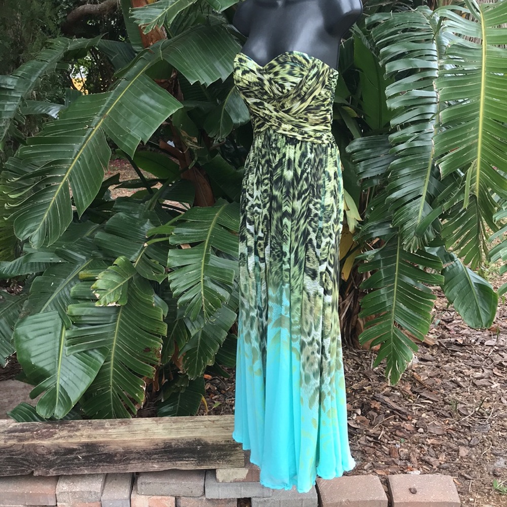 La Femme leopard print strapless gown